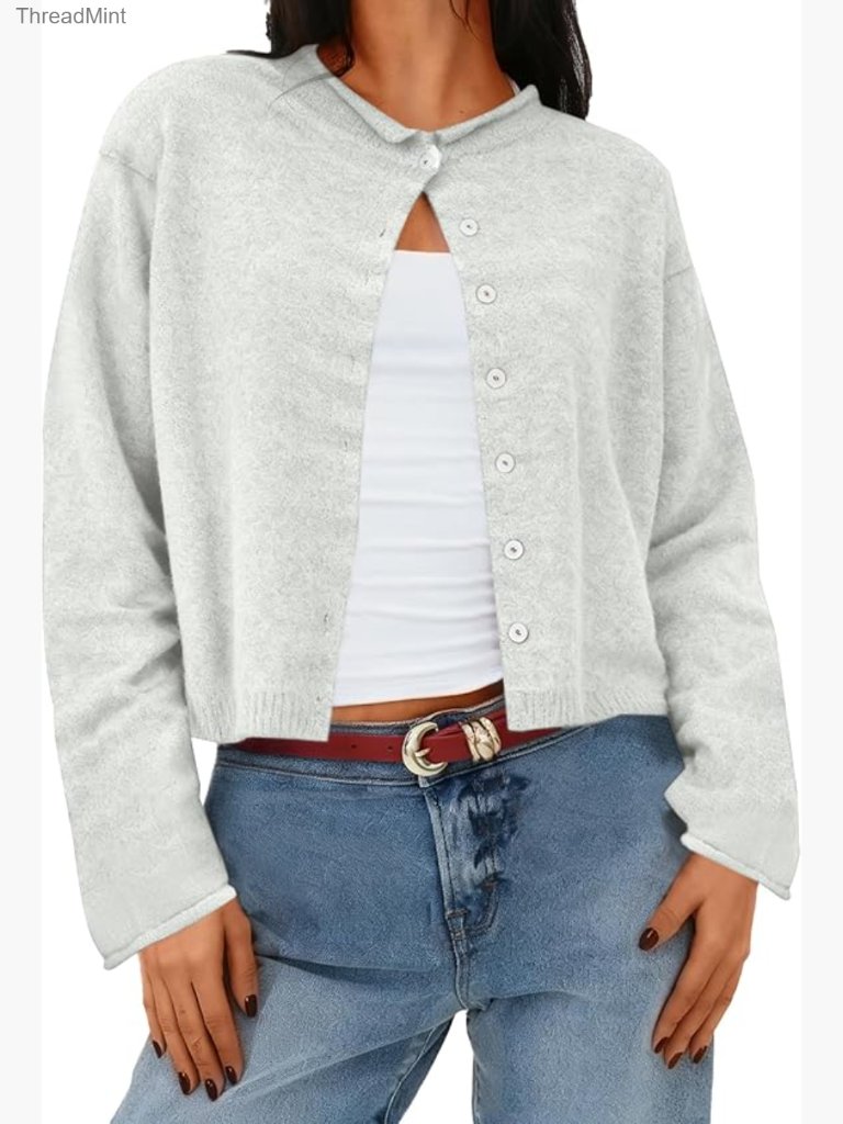 Cropped Cardigan Sweater Crewneck Long Sleeve Button Down Open Front Tops